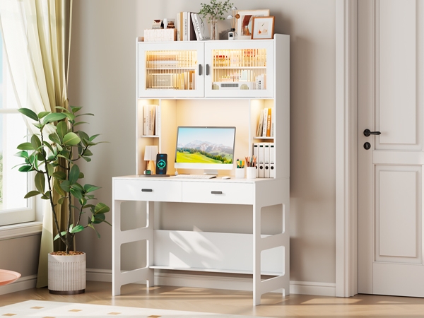 Computer Desk with Hutch, LED Lighting & Charging Station, Modern Style.