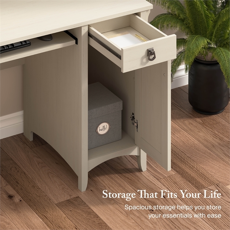 Computer Desk with Hutch, Tapered Legs & Cup Pull, Whitewashed Finish.