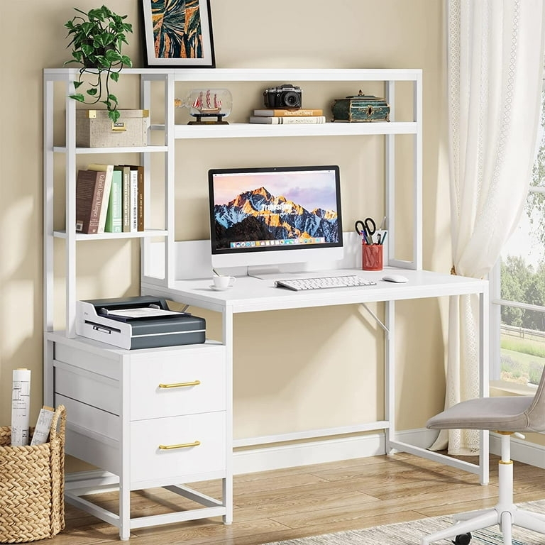 Computer Desk with Integrated Hutch and Side Shelving in White