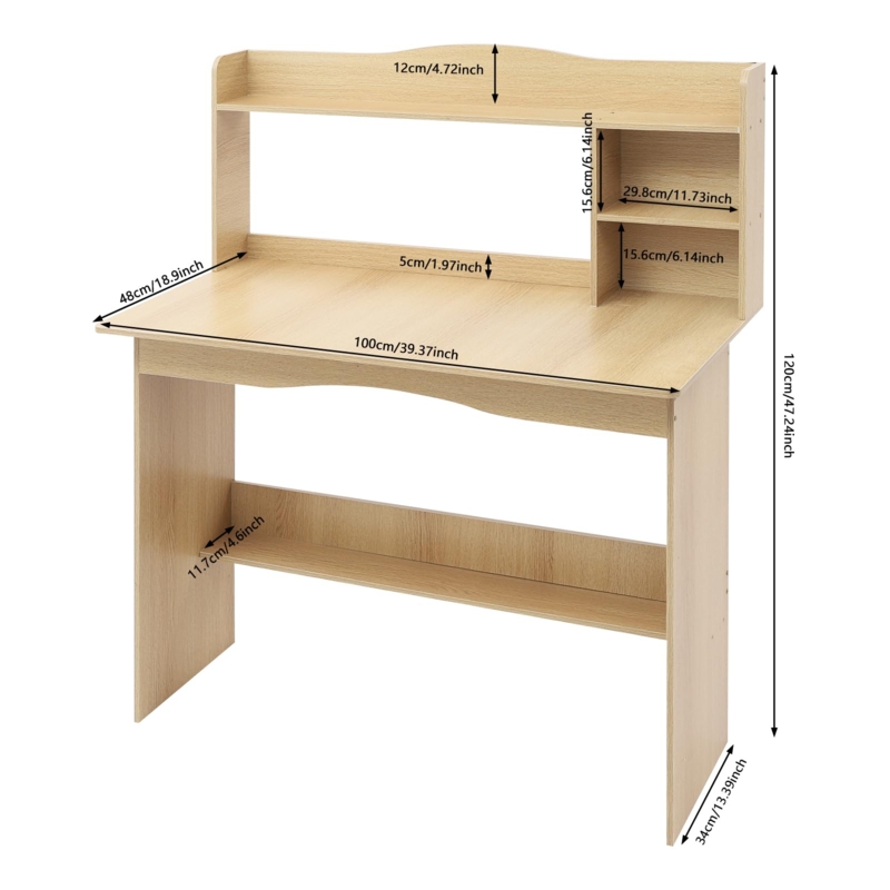 Computer Desk with Integrated Hutch, Metal Frame, Lower Shelf, Industrial.