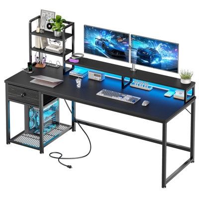Computer Desk with Integrated LEDs & Monitor Riser, Dark Brown
