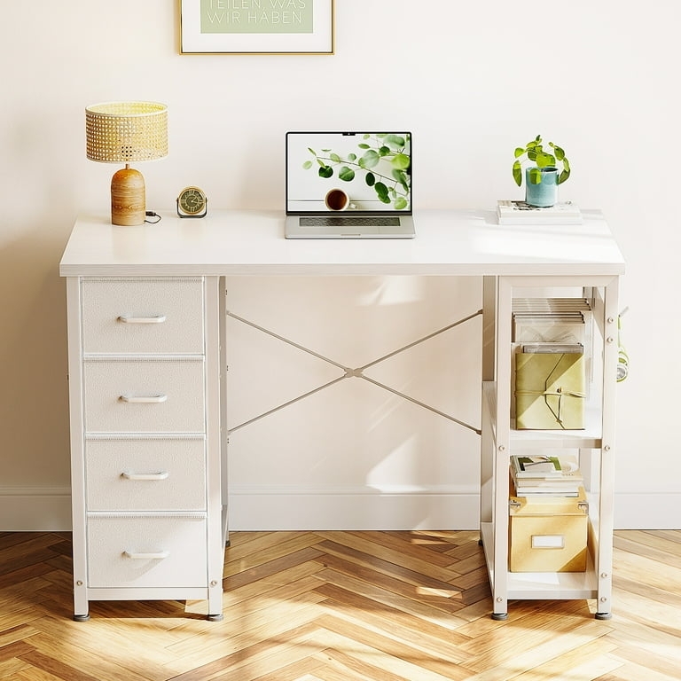 Computer Desk with Integrated Side Shelving and Fabric Drawer
