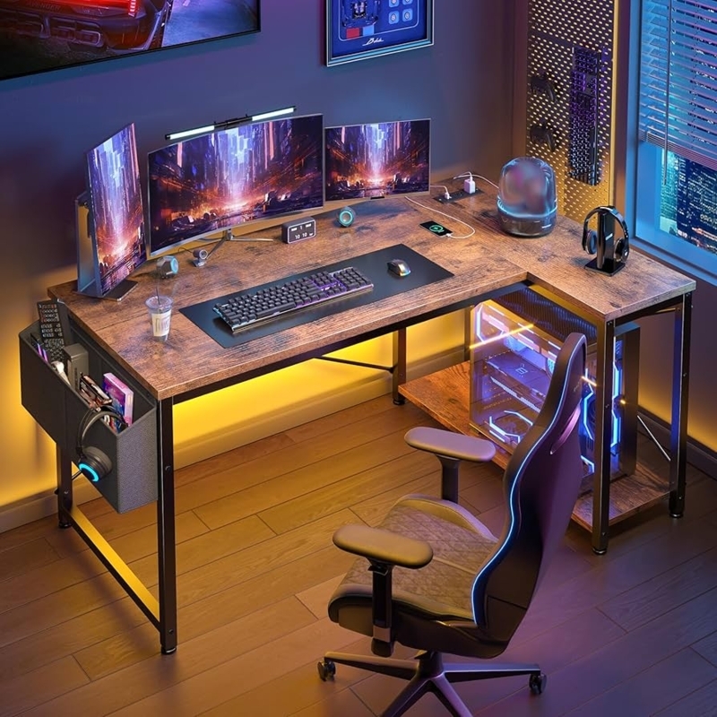 Computer Desk with L-Shaped Design and Side Storage Bag