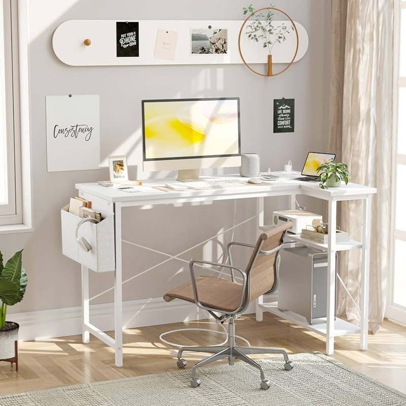 Computer Desk with Power Outlets and Built-in Shelves
