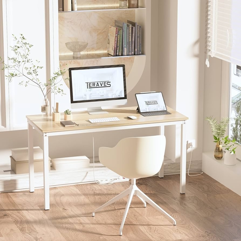 Computer Desk with White Metal Frame and X-bracing Detail