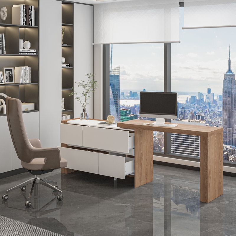 Computer Desk with Wood Edge Trim, Two-Tone Finish, L-Shaped Design