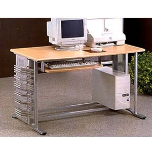 Computer Desk with Wood Toned Top and Brushed Aluminum Frame with X-Brace