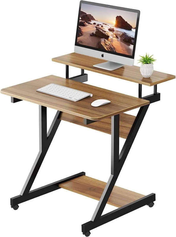 Computer Desk with Z-Shaped Legs and Tiered Storage Shelves