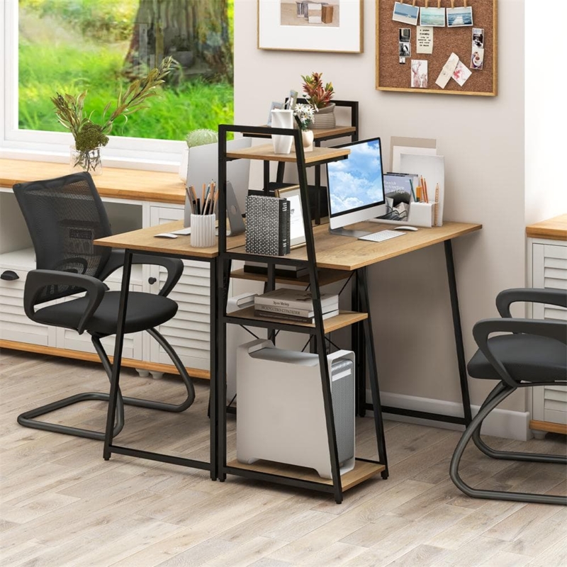 Computer Desk Wood Toned Integrated Side Shelving CPU Shelf