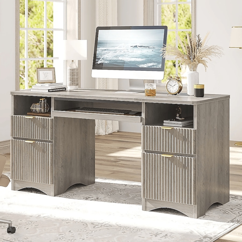 Computer Desk X-Brace Supports Keyboard Tray Four Drawers Industrial