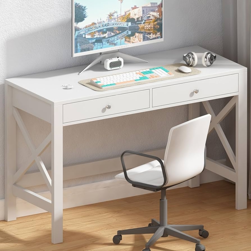 Computer Desk X-Frame Sides Slim Profile Dual Drawers Transitional Style