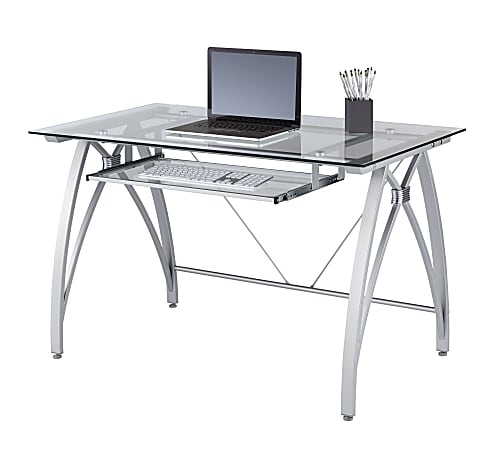 Computer Desk Z-Frame Monitor Shelf Silver Glass Keyboard Tray