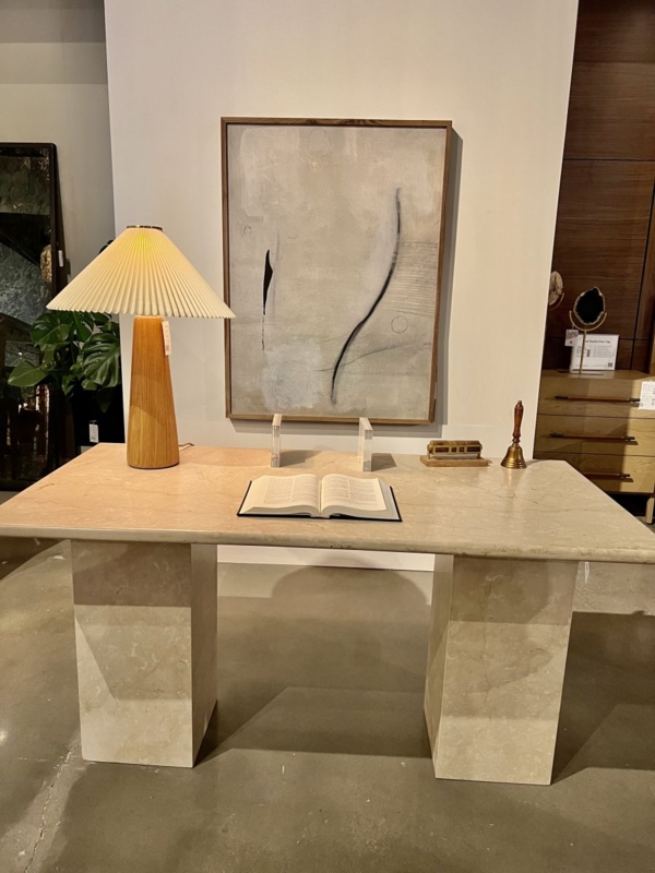 Console Table with Sculptural Base and Slab Legs, Modern Cream Marble