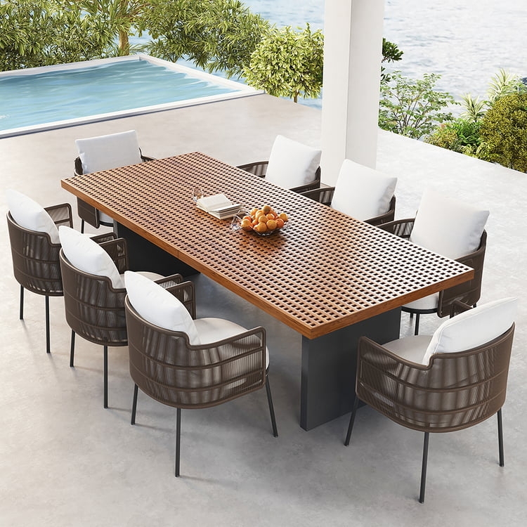 Contemporary 9-Piece Outdoor Dining Set Teak Top Black Woven Rattan