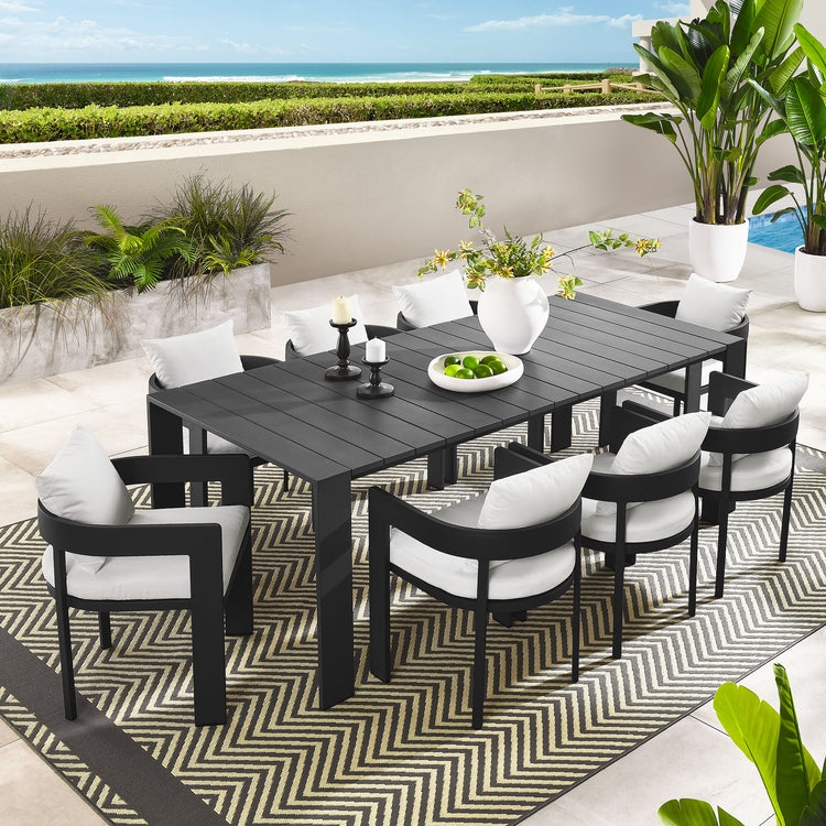 Contemporary 9-Piece Patio Dining Set White Aluminum Wood Slat Top