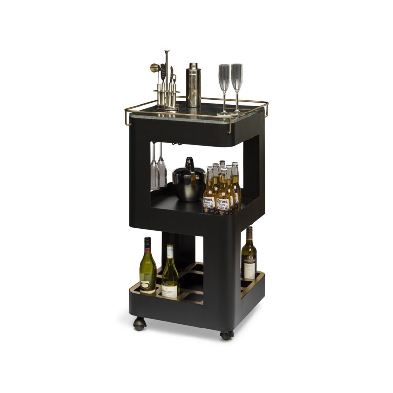 Contemporary Bar Cart Black Gold Marbled Stone Top Circular Frame