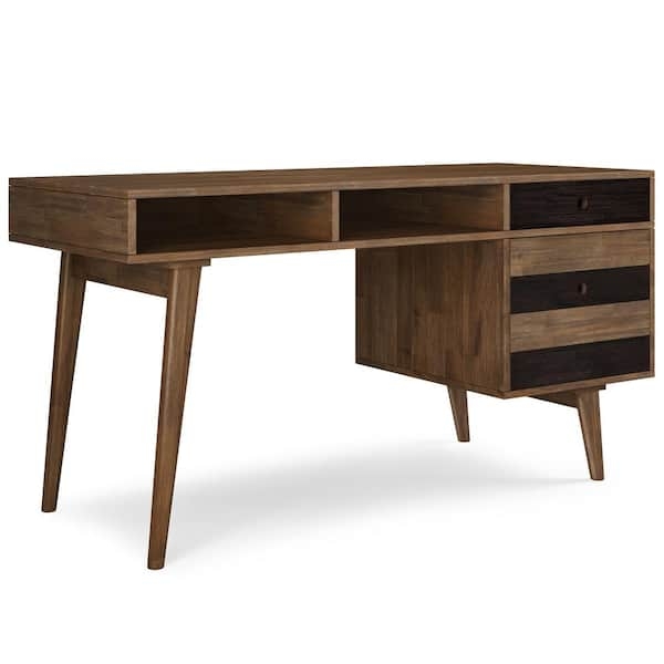 Contemporary Desk Acacia Wood Central Open Cubby Side Drawers Tapered