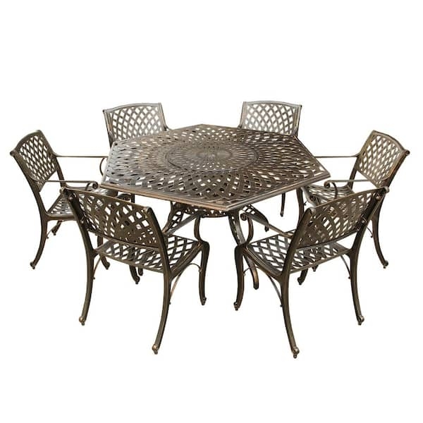 Contemporary Hexagonal Patio Dining Set Bronze Lattice Lazy Susan