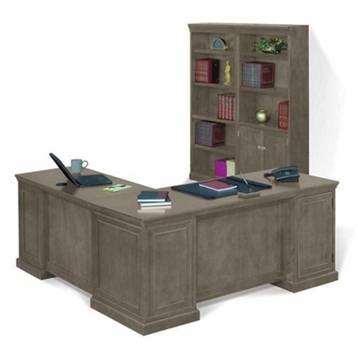 Contemporary L-Shaped Executive Desk with Silver Metal Base & Bookcase.