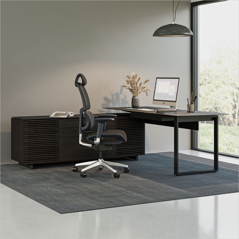 Contemporary Office Desk with Louvered Cabinet Doors and Metal Base