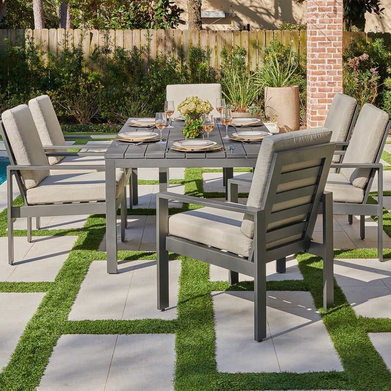 Contemporary Outdoor Dining Set: 7-Piece Metal with Blocky Silhouette