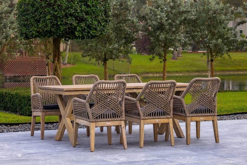Contemporary Outdoor Dining Set for 6, Rope Woven Backs & Wood Slat Top