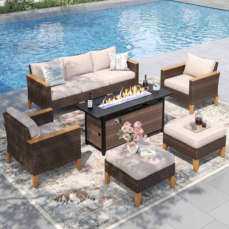 Contemporary Outdoor Sectional Set, Dark Wicker, Integrated Fire Pit Table