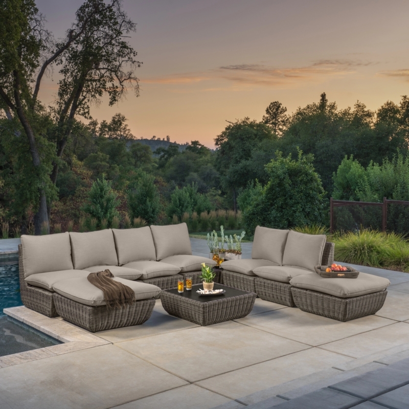 Contemporary Patio Furniture with Wood-Slatted Tables and Greige Cushions
