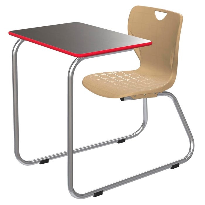 Contemporary School Desk Sled Base Navy Blue Attached Chair Book Rack