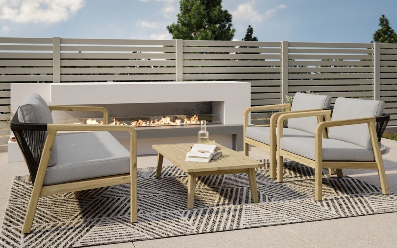 Contemporary Slatted Wood Garden Furniture Boxy Frame Gray Cushions