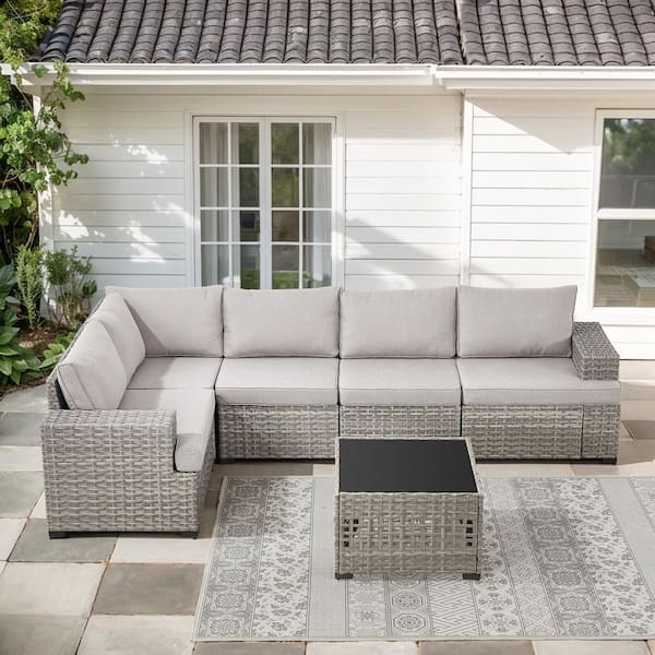 Contemporary Terrace Furniture Styling, Modular Taupe and Beige Wicker Set