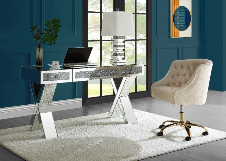 Contemporary Writing Desk with Angled Pedestal and Faux Diamond Trim
