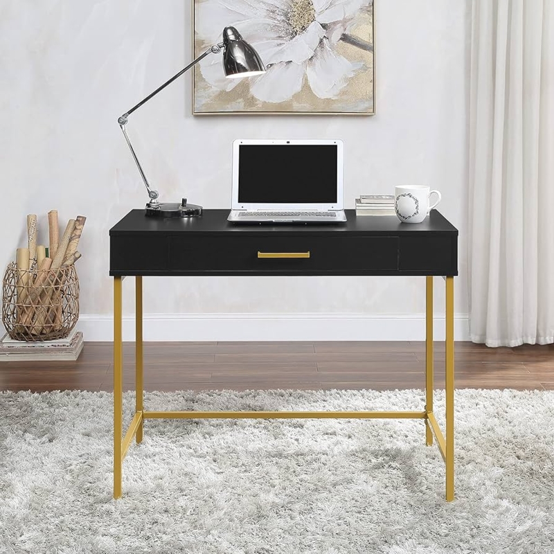 Contemporary Writing Desk with Large Single Drawer and Gold Legs