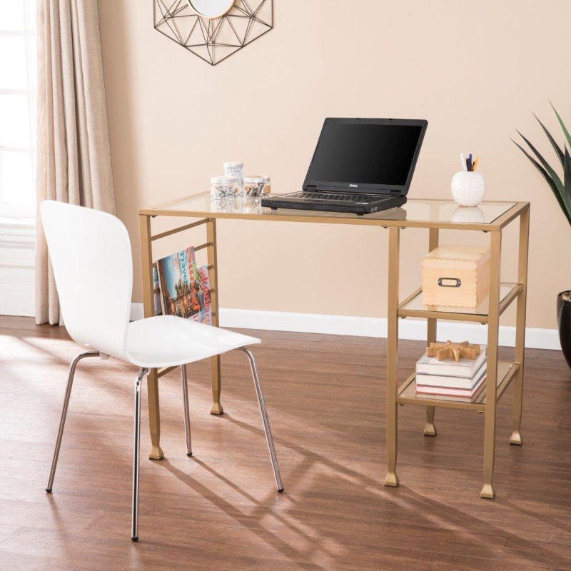 Contemporary Writing Desk with Polished Gold Sled Base and Glass Top