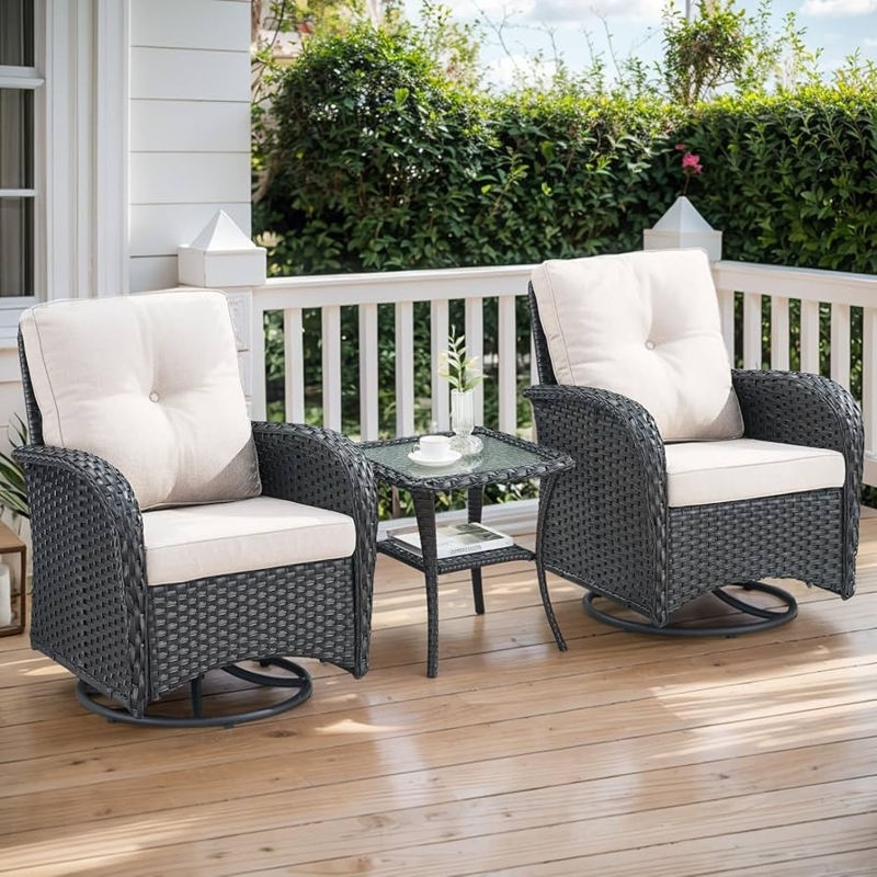 Conversation Set 3 Piece Swivel Glider Wicker Black Beige Cushions