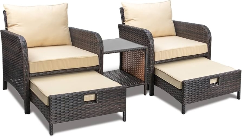 Conversation Set: 5-Piece Brown Woven Wicker with Glass Side Table