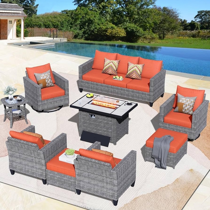Conversation Set, 9-Piece Modular Wicker, Integrated Fire Pit Table