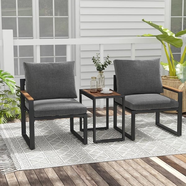 Conversation Set Aluminum Slat Back Gray Cushions Modern Patio Layout