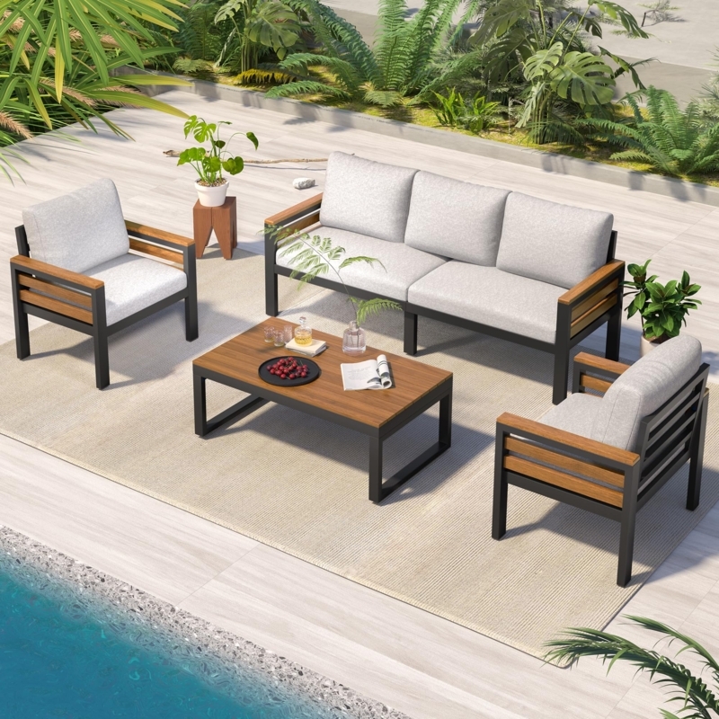 Conversation Set, Mixed Material Outdoor Furniture Set, Wood Armrests