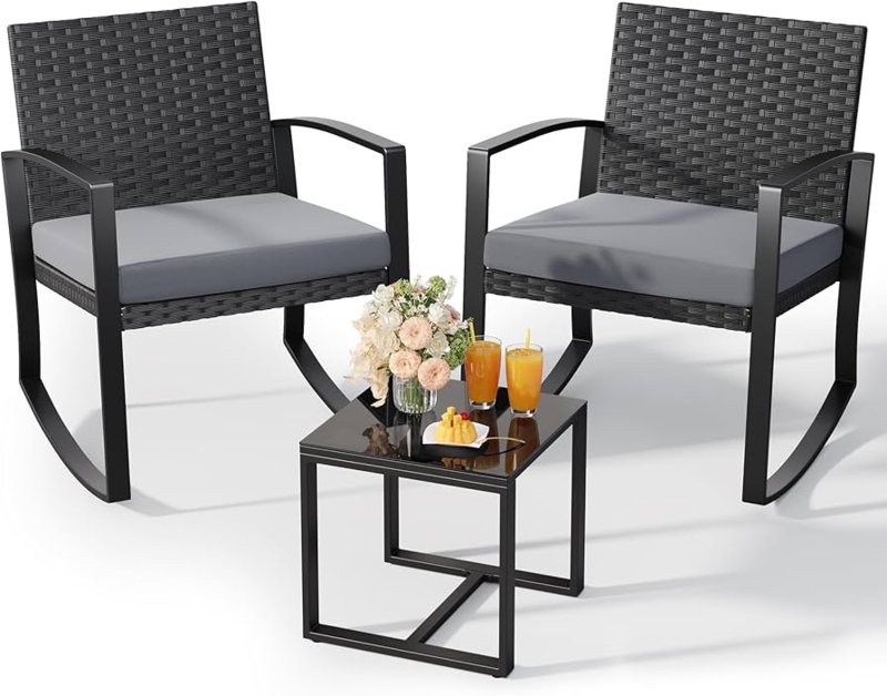 Conversation Set, Rocking Base, Woven Rattan, Dark Brown, Grey Cushions