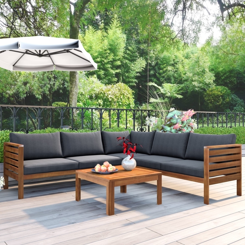 Conversation Set Wood Toned X-Back Detail White Cushions Navy Blue