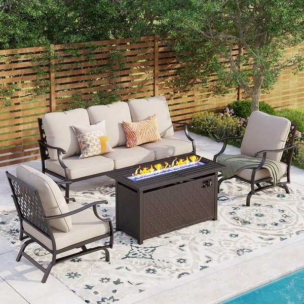 Conversation Set Woven Wicker Sectional with Glass Wind Guard Fire Pit