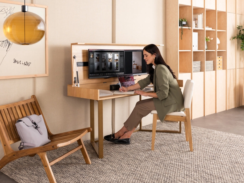 Convertible Desk with Integrated Monitor Lift, Scandinavian Wood Toned