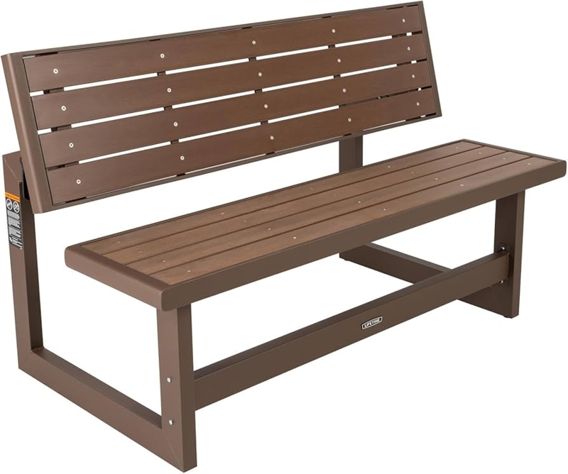Convertible Garden Bench, Mocha Brown Faux Wood Slats, Metal Frame Design