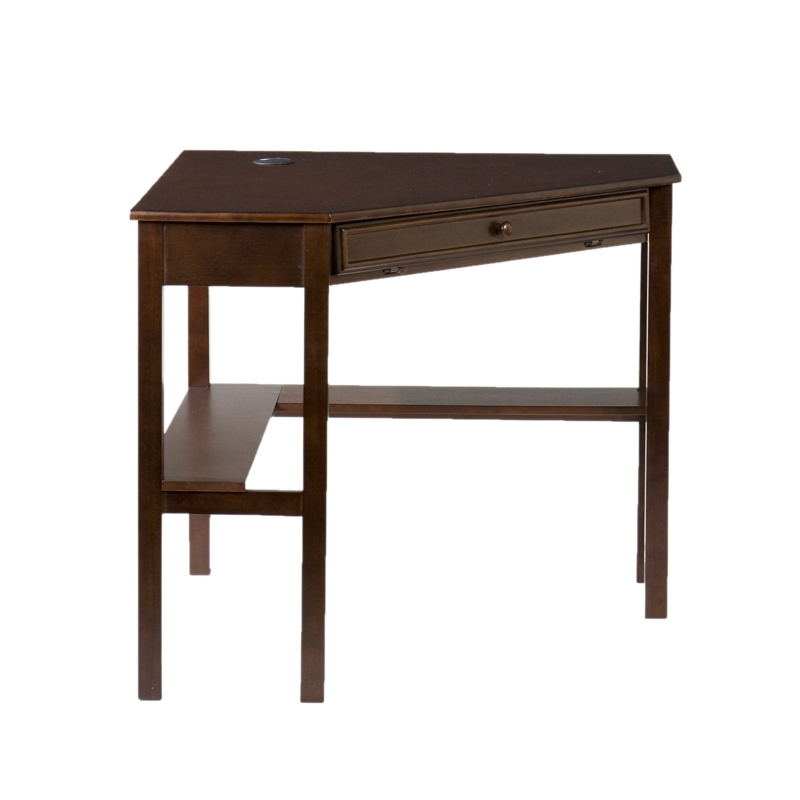 Corner Desk Compact Design Lower Storage Shelf Single Drawer Dark Wood