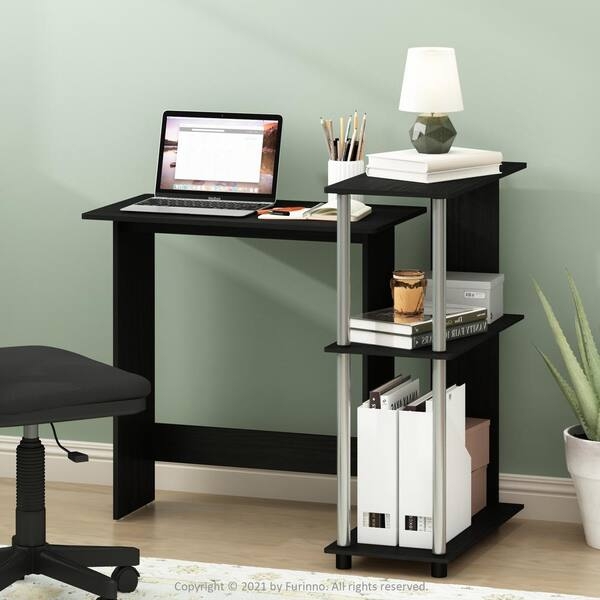 Corner Desk Espresso Finish L-Shaped with Integrated Bookshelf