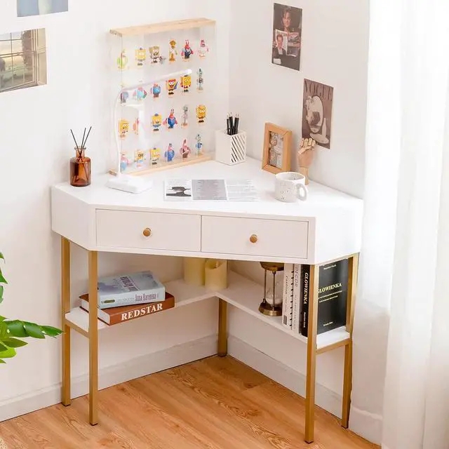 Corner Desk Glam Gold Metal Frame Marble-Like Top Vanity Table