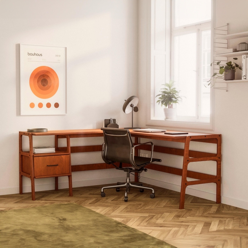 Corner Desk L-Shaped Walnut Brown Finish Tapered Legs Mitered Edges