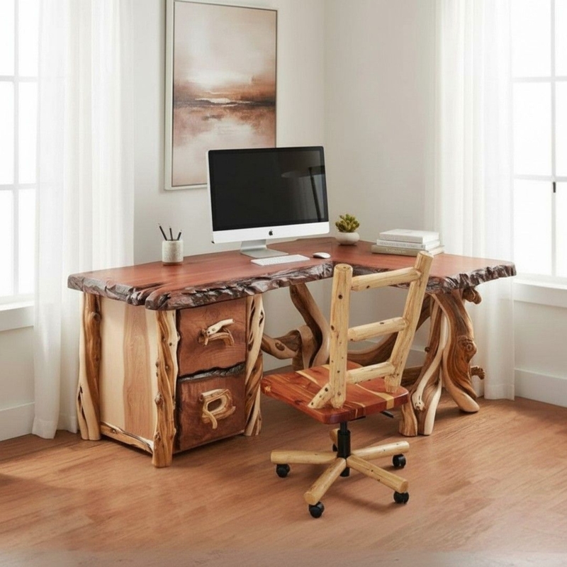 Corner Desk Live Edge Redwood Juniper Log Base L-Shaped Lodge
