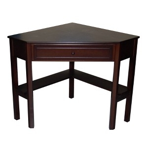 Corner Desk Triangular Footprint Lower Shelf Single Drawer Espresso